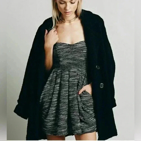 Free People Tweed Dress Black & White Mini Strapless Night Out Size 6 Pockets - Picture 1 of 9